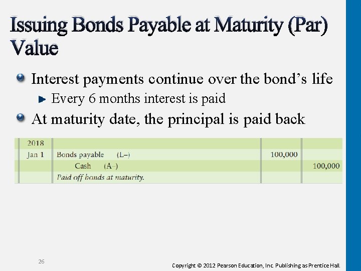 Issuing Bonds Payable at Maturity (Par) Value Interest payments continue over the bond’s life