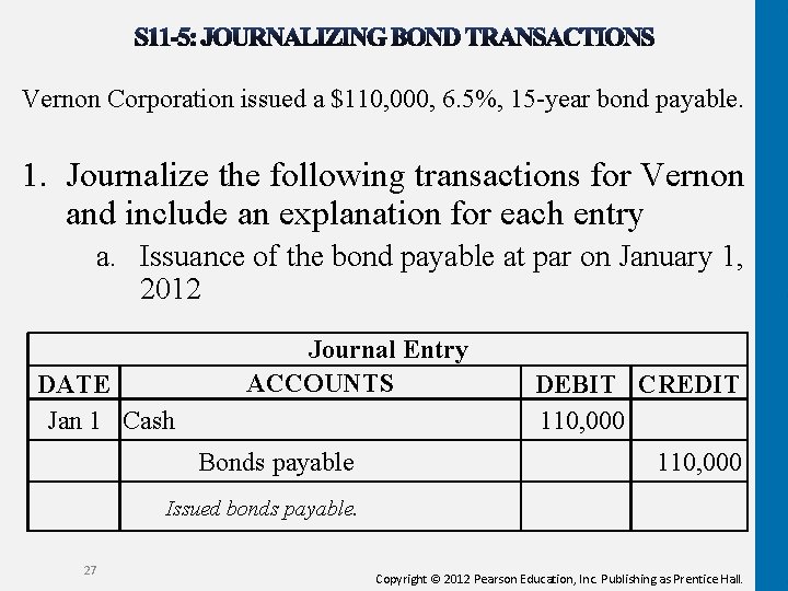 Vernon Corporation issued a $110, 000, 6. 5%, 15 -year bond payable. 1. Journalize