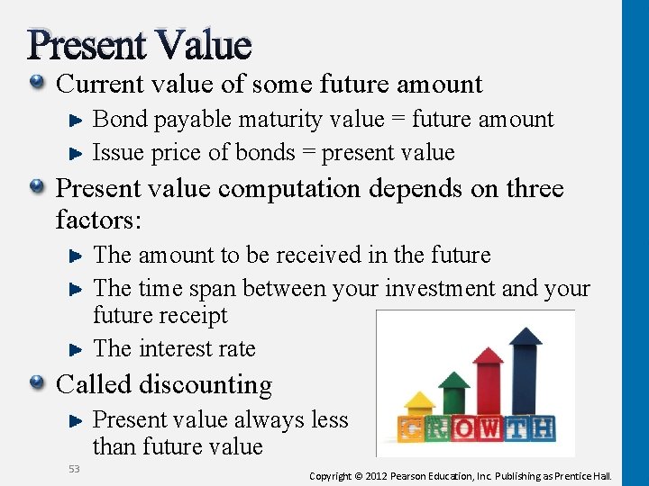 Present Value Current value of some future amount Bond payable maturity value = future