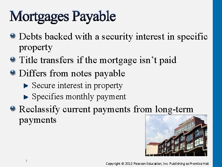 Mortgages Payable Debts backed with a security interest in specific property Title transfers if