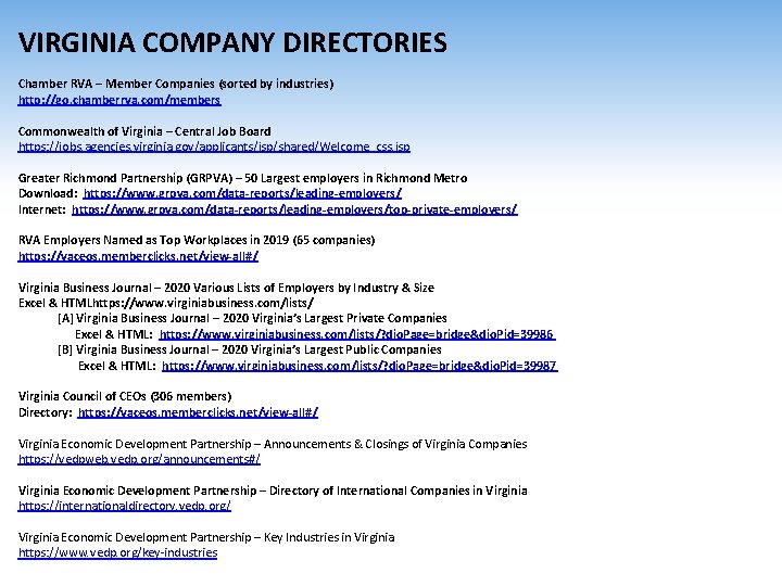 VIRGINIA COMPANY DIRECTORIES Chamber RVA – Member Companies (sorted by industries) http: //go. chamberrva.