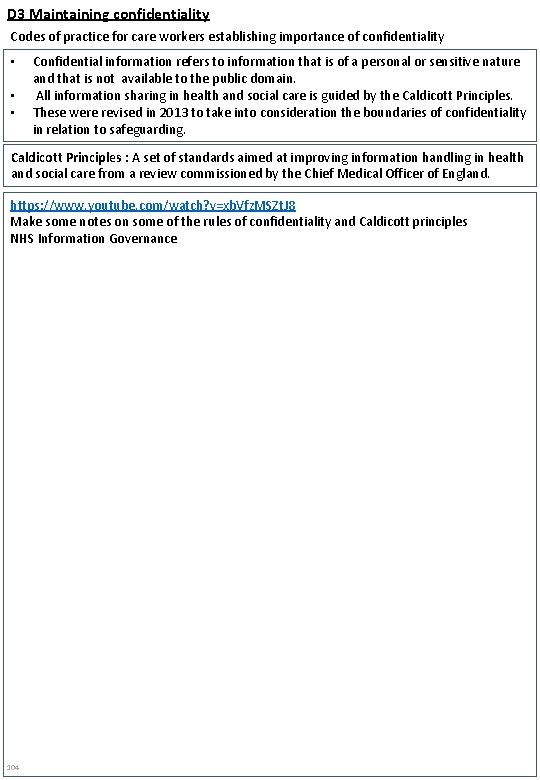 D 3 Maintaining confidentiality Codes of practice for care workers establishing importance of confidentiality