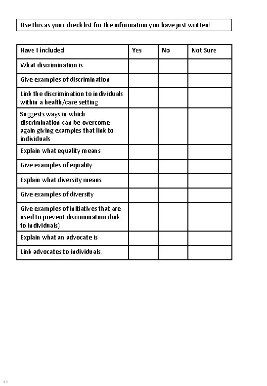 Use this as your check list for the information you have just written! Have