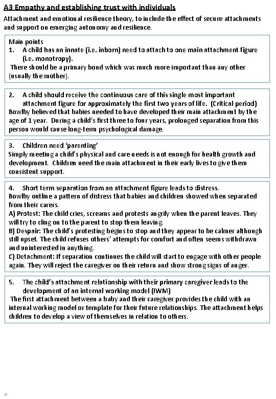 A 3 Empathy and establishing trust with individuals Attachment and emotional resilience theory, to