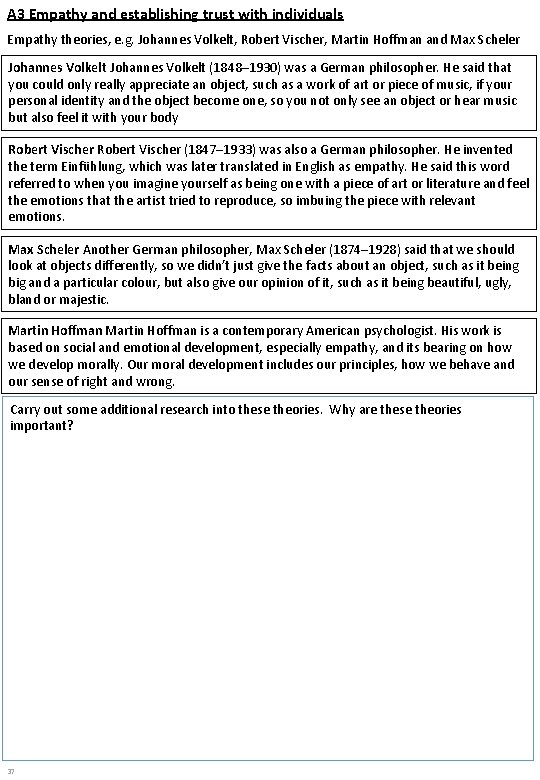 A 3 Empathy and establishing trust with individuals Empathy theories, e. g. Johannes Volkelt,