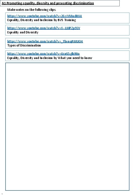 A 1 Promoting equality, diversity and preventing discrimination Make notes on the following clips.