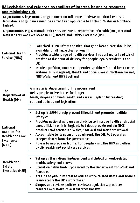 B 2 Legislation and guidance on conflicts of interest, balancing resources and minimising risk