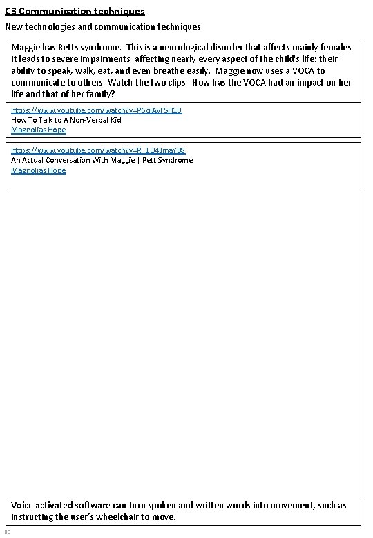 C 3 Communication techniques New technologies and communication techniques Maggie has Retts syndrome. This