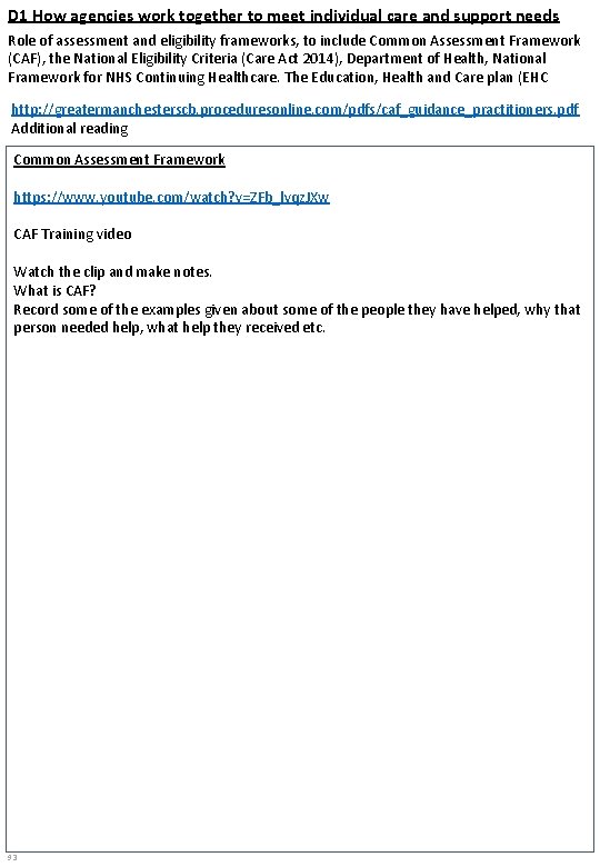 D 1 How agencies work together to meet individual care and support needs Role