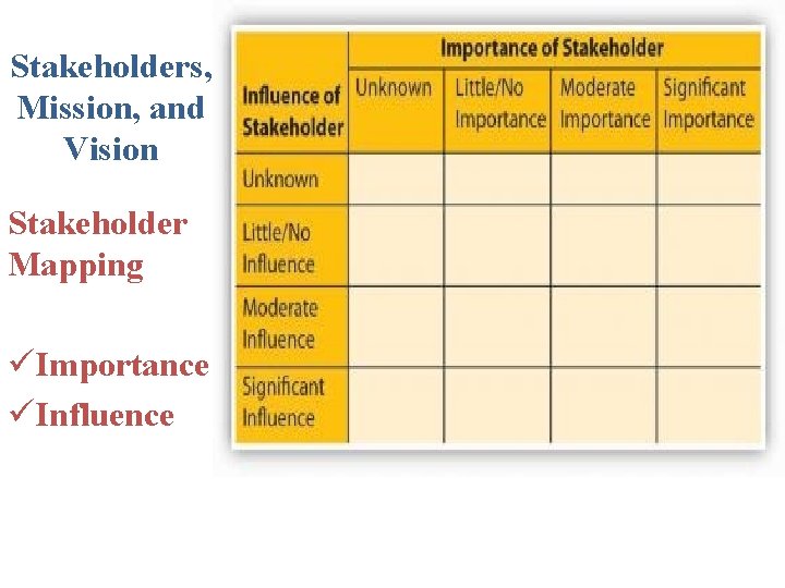 Stakeholders, Mission, and Vision Stakeholder Mapping üImportance üInfluence 
