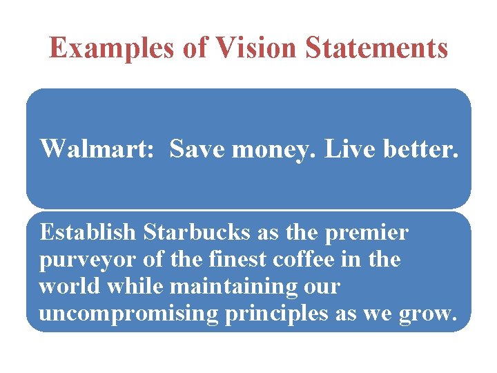 Examples of Vision Statements Walmart: Save money. Live better. Establish Starbucks as the premier