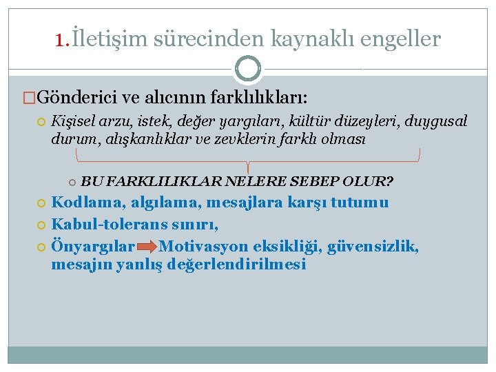 1. İletişim sürecinden kaynaklı engeller �Gönderici ve alıcının farklılıkları: Kişisel arzu, istek, değer yargıları,