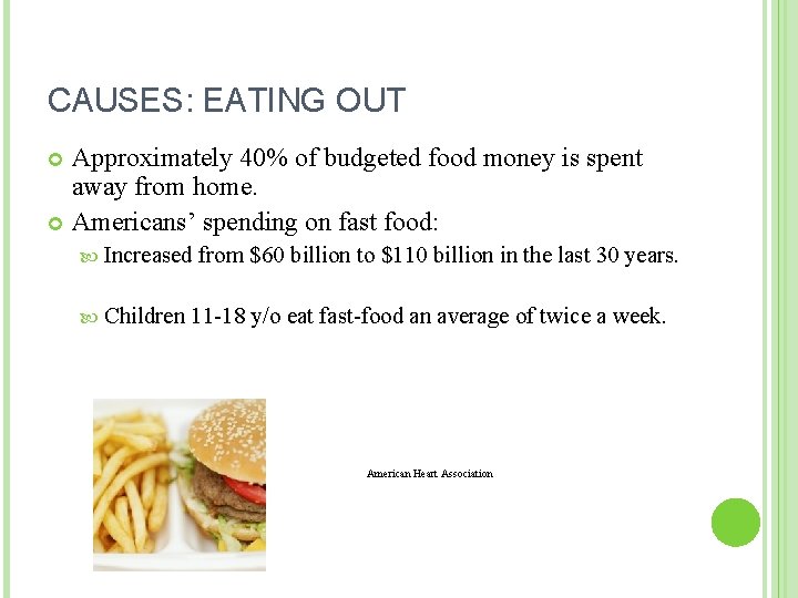 CAUSES: EATING OUT Approximately 40% of budgeted food money is spent away from home.