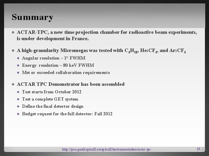 Summary l ACTAR-TPC, a new time projection chamber for radioactive beam experiments, is under