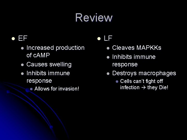 Review l EF l l Increased production of c. AMP Causes swelling Inhibits immune