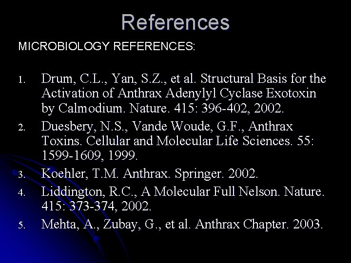References MICROBIOLOGY REFERENCES: 1. 2. 3. 4. 5. Drum, C. L. , Yan, S.