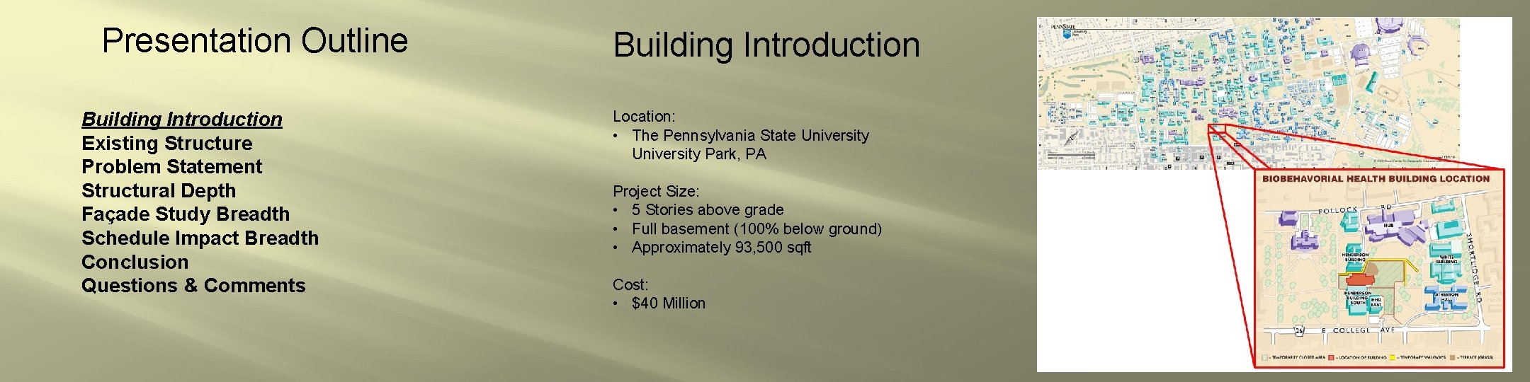 Presentation Outline Building Introduction Existing Structure Problem Statement Structural Depth Façade Study Breadth Schedule