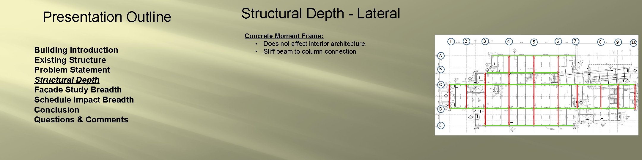 Presentation Outline Building Introduction Existing Structure Problem Statement Structural Depth Façade Study Breadth Schedule