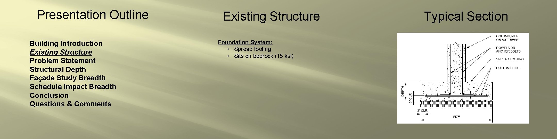 Presentation Outline Building Introduction Existing Structure Problem Statement Structural Depth Façade Study Breadth Schedule