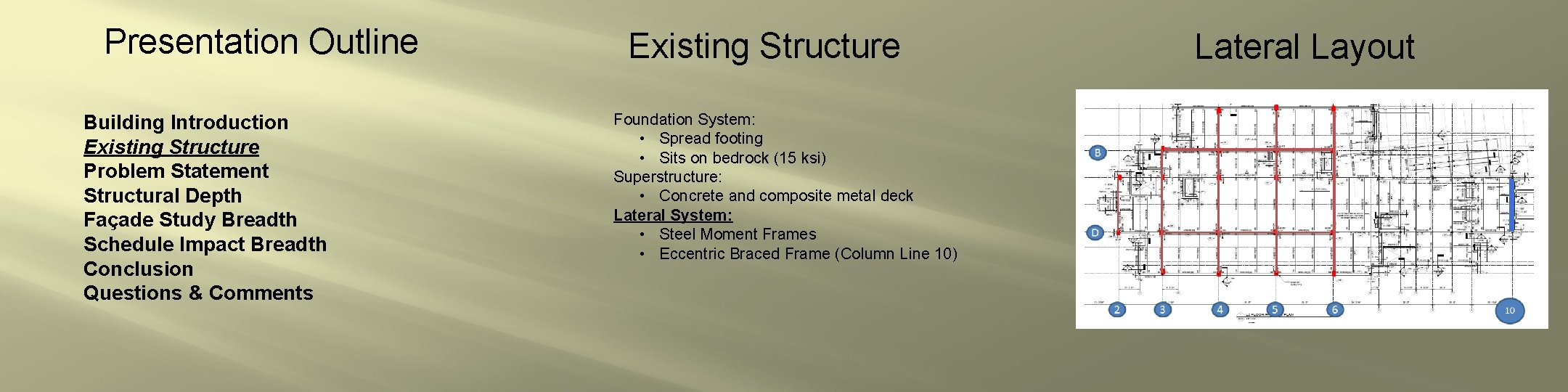 Presentation Outline Building Introduction Existing Structure Problem Statement Structural Depth Façade Study Breadth Schedule