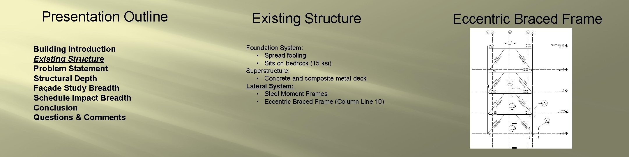 Presentation Outline Building Introduction Existing Structure Problem Statement Structural Depth Façade Study Breadth Schedule