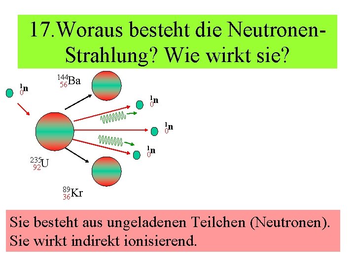 17. Woraus besteht die Neutronen. Strahlung? Wie wirkt sie? 144 56 Ba 1 n