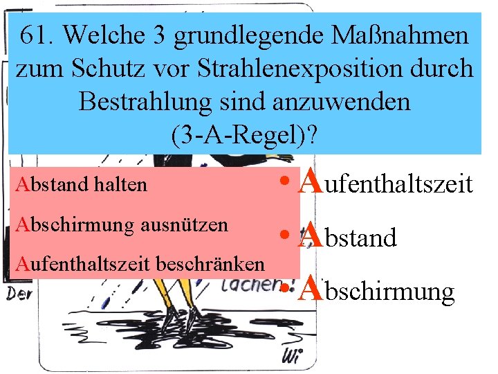 61. Welche 3 grundlegende Maßnahmen zum Schutz vor Strahlenexposition durch Bestrahlung sind anzuwenden (3