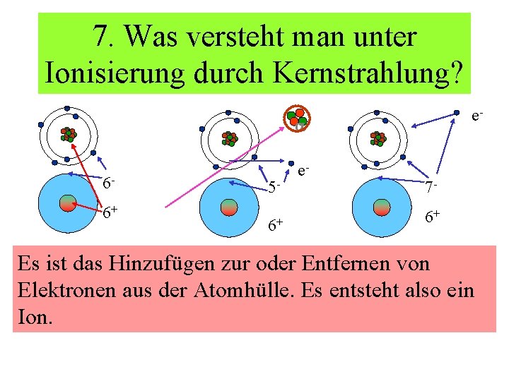 7. Was versteht man unter Ionisierung durch Kernstrahlung? e- 66+ 56+ e- 76+ Es