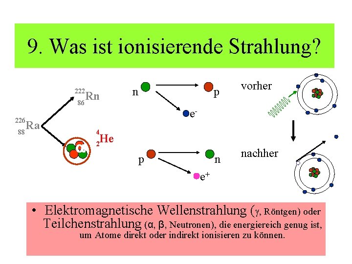 9. Was ist ionisierende Strahlung? 222 86 226 88 Rn n p vorher n