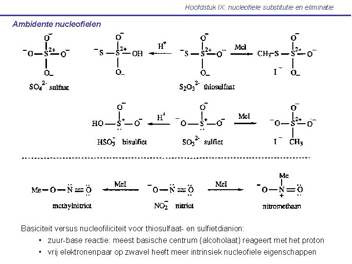 Hoofdstuk IX: nucleofiele substitutie en eliminatie Ambidente nucleofielen Basiciteit versus nucleofiliciteit voor thiosulfaat- en