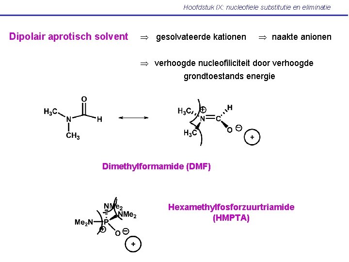 Hoofdstuk IX: nucleofiele substitutie en eliminatie Dipolair aprotisch solvent gesolvateerde kationen naakte anionen verhoogde