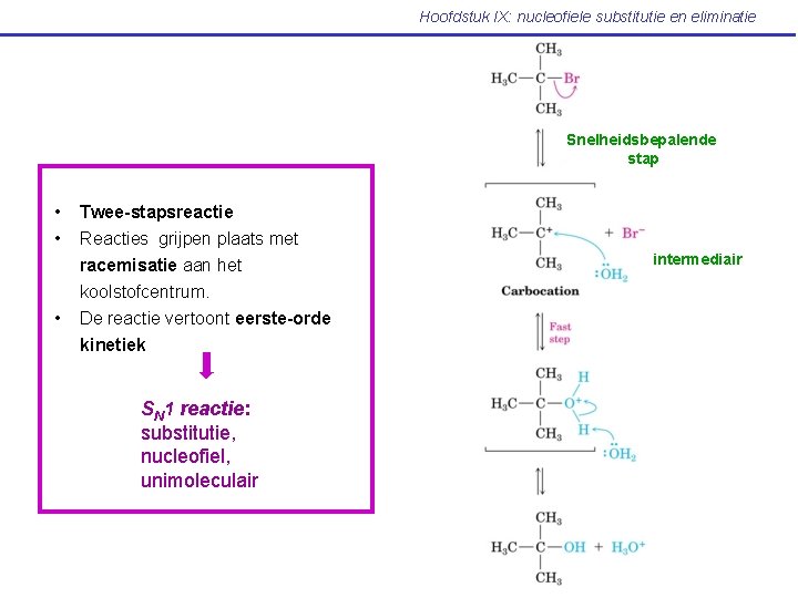 Hoofdstuk IX: nucleofiele substitutie en eliminatie Snelheidsbepalende stap • • • Twee-stapsreactie Reacties grijpen