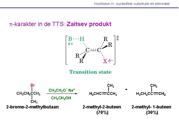 Hoofdstuk IX: nucleofiele substitutie en eliminatie p-karakter in de TTS: Zaitsev produkt 2 -bromo-2