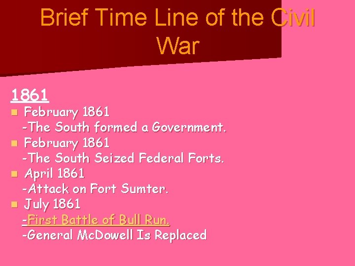 Brief Time Line of the Civil War 1861 February 1861 -The South formed a
