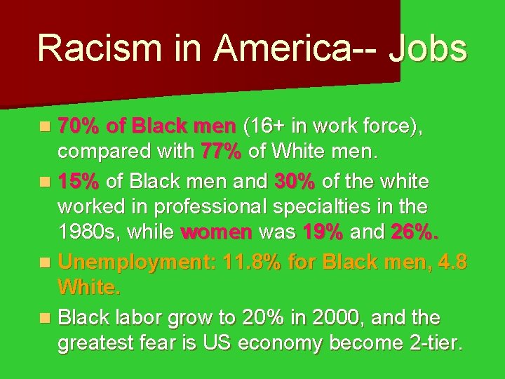 Racism in America-- Jobs 70% of Black men (16+ in work force), compared with