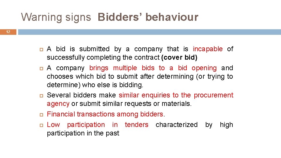 Warning signs Bidders’ behaviour 12 A bid is submitted by a company that is