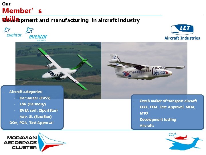 Our Member’s skills Development and manufacturing - - in aircraft industry Aircraft categories: -