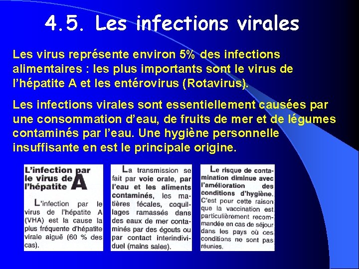 4. 5. Les infections virales Les virus représente environ 5% des infections alimentaires :