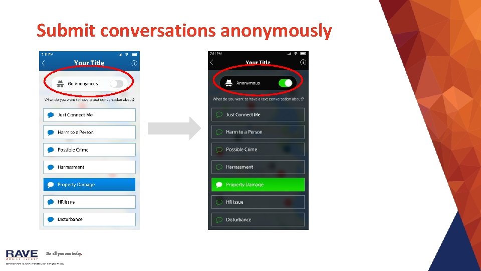 Submit conversations anonymously Do all you can today. CONFIDENTIAL © 2020 Rave Mobile Safety