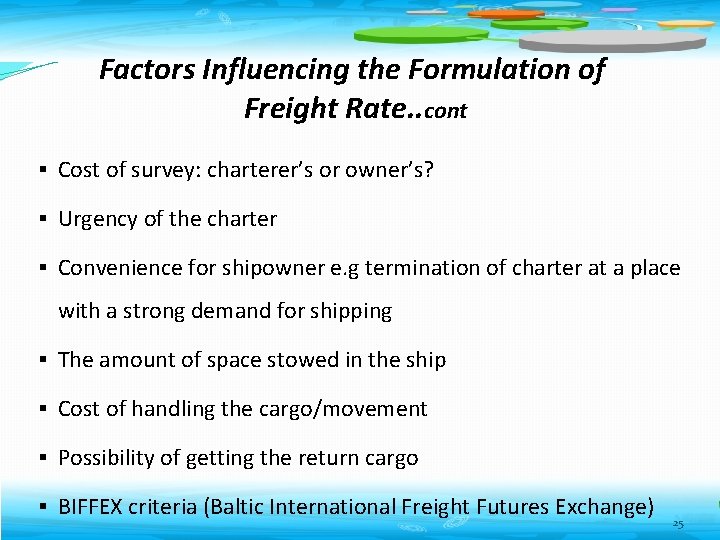 Factors Influencing the Formulation of Freight Rate. . cont § Cost of survey: charterer’s