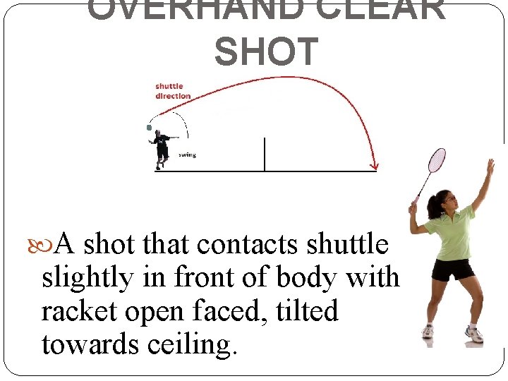 OVERHAND CLEAR SHOT A shot that contacts shuttle slightly in front of body with