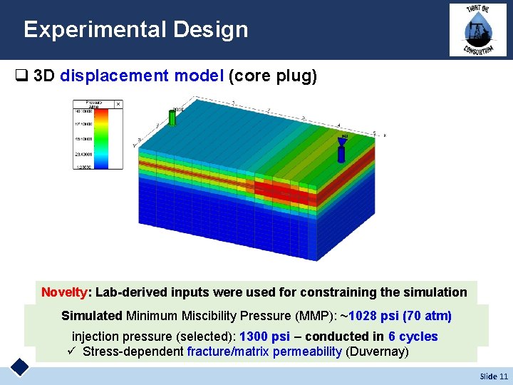 Experimental Design q 3 D displacement model (core plug) Novelty: Lab-derived inputs were used
