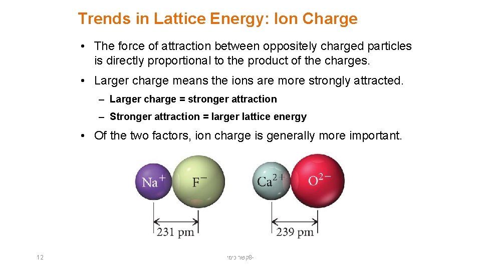 Trends in Lattice Energy: Ion Charge • The force of attraction between oppositely charged