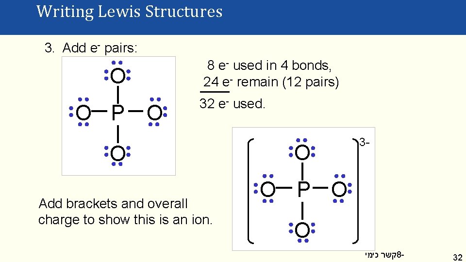 Writing Lewis Structures 3. Add e- pairs: 8 e- used in 4 bonds, 24 Writing Lewis Structures 3. Add e- pairs: 8 e- used in 4 bonds, 24