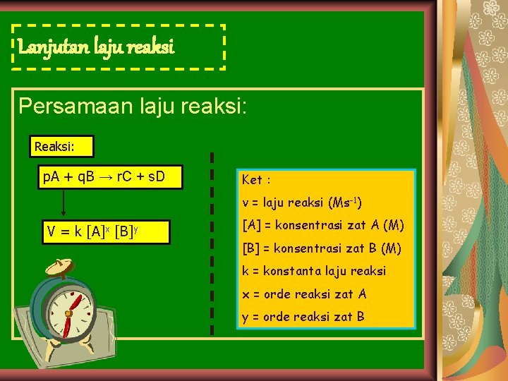 Lanjutan laju reaksi Persamaan laju reaksi: Reaksi: p. A + q. B → r.