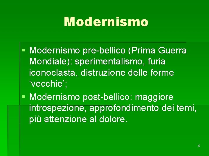 Modernismo § Modernismo pre-bellico (Prima Guerra Mondiale): sperimentalismo, furia iconoclasta, distruzione delle forme ‘vecchie’;