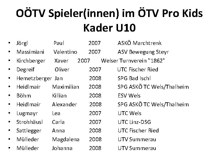 OÖTV Spieler(innen) im ÖTV Pro Kids Kader U 10 • • • • Jörgl