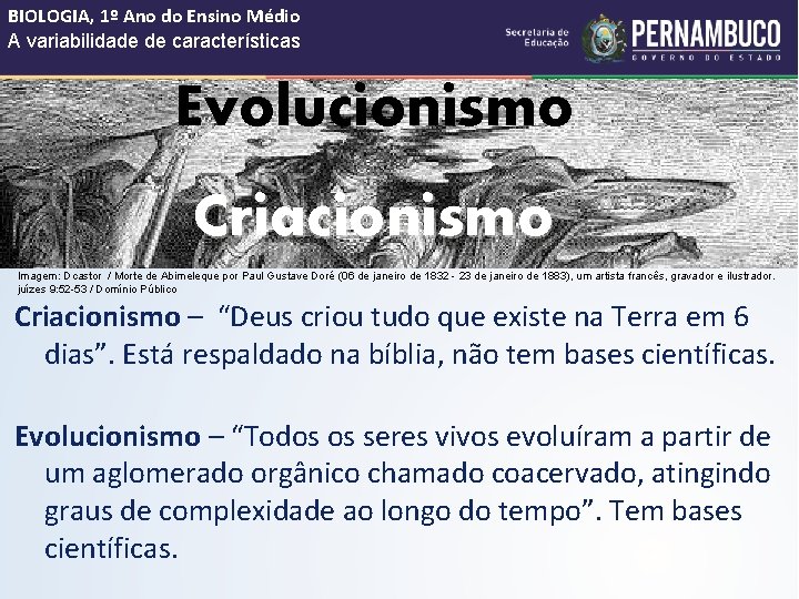 BIOLOGIA, 1º Ano do Ensino Médio A variabilidade de características Evolucionismo Criacionismo Imagem: Dcastor