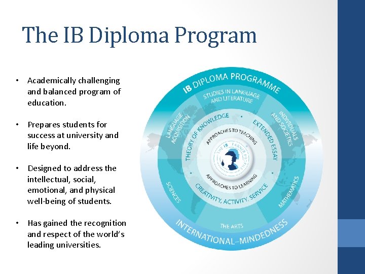 The IB Diploma Program • Academically challenging and balanced program of education. • Prepares