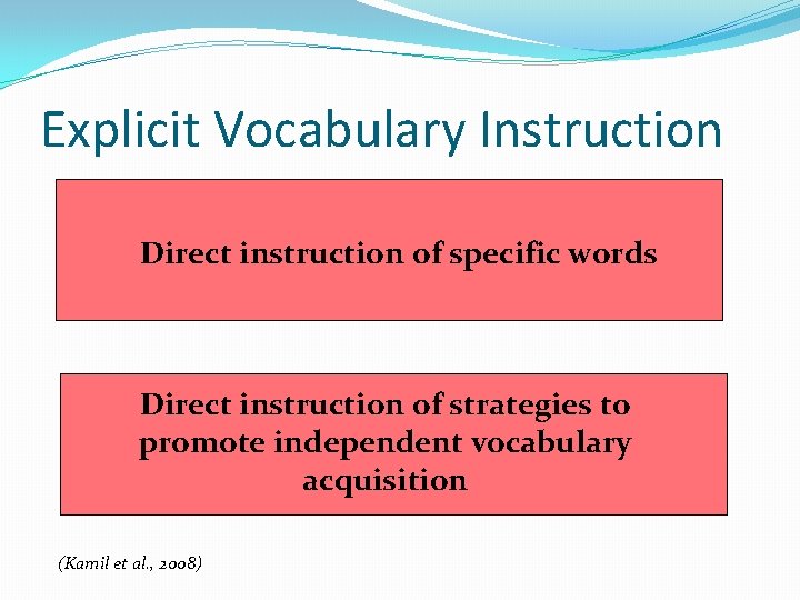Explicit Vocabulary Instruction Direct instruction of specific words Direct instruction of strategies to promote